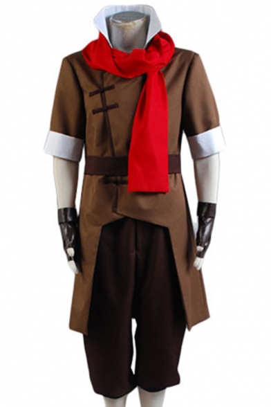 Popular Mens Coat Belt Chinese frog High Neck Asymmetrical Hem Slim Fitted Contrasted Half Sleeve Cosplay Coat with Scarf & Pants Set