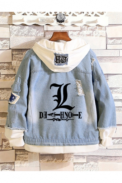 Streetwear Mens Denim Jacket Letter Deathnote Print Fake Two Pieces Ripped Bleach Long Sleeves Hooded Regular Fitted Graphic Denim Jacket in Blue