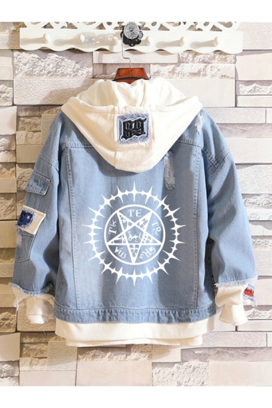Stylish Blue Denim Jacket Letter Sao Printed Applique Button up Distressed Fake Two Pieces Long Sleeve Fitted Hooded Denim Jacket for Men