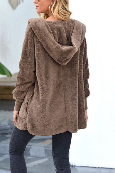 Trendy Womens Solid Colored Open Front Sherpa Liner Long Sleeve Fitted Hooded Coat