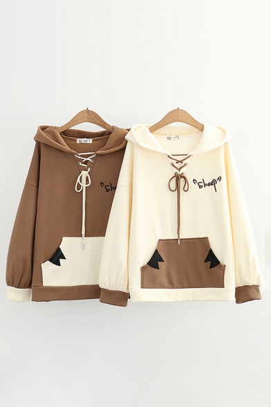 Chic Hoodie Color Block Letter Sheep Printed Lace up Ears Embellishment Fitted Long Sleeve Hoodie for Women