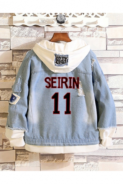 Chic Mens Denim Jacket Letter Seirin 11 Pattern Faux Twinset Raw Edge Button up Fitted Long-sleeved Hooded Denim Jacket in Blue