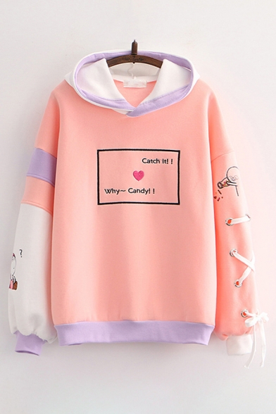 Creative Womens Hoodie Heart Letter Catch it Candy Colorblock Printed Lace-up Loose Fitted Long Sleeve Hoodie