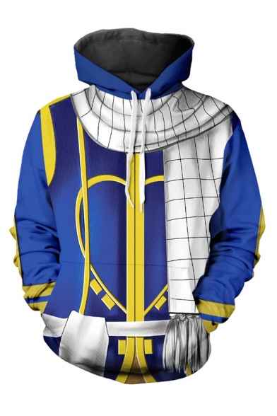 Fancy Mens Blue 3D Hoodie Scarf Pattern Long Sleeve Pocket Pullover Drawstring Regular Fitted Hooded Sweatshirt