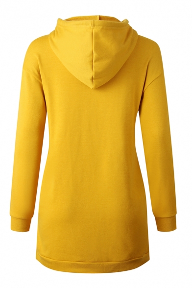 Fancy Plain Long Sleeve Drawstring Slit Sides Mini Shift Hoodie Dress for Girls