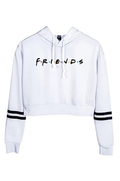 Letter Friends Cartoon Figure Graphic Varsity Striped Long Sleeve Drawstring Relaxed Crop Fashion Hoodie for Girls