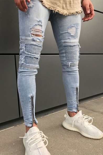 Men's Trendy Fashion Knee Cut Zip-Embellished Cuffs Light Blue Ripped Skinny Jeans