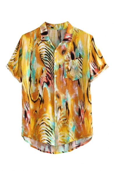 Summer Trendy Hawaiian Tropical Pattern Lapel Collar Short Sleeve Beach LInen Shirt for Guys