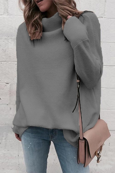 Trendy Elegant Ladies' Long Sleeve High Neck Loose Fit Purl Knit Plain Pullover Sweater Top