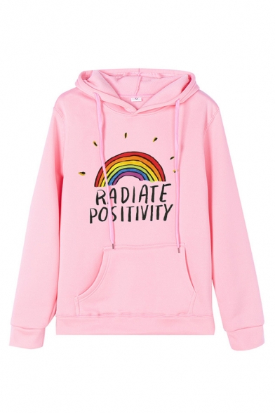 Womens Trendy Hooded Sweatshirt Rainbow Letter Radiate Positivity Printed Drawstring Fitted Long Sleeve Hoodie
