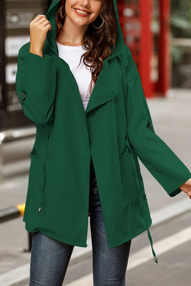 Basic Trench Plain Lapel Open Front Long Sleeve Relaxed Fit Hooded Trench Coat for Women