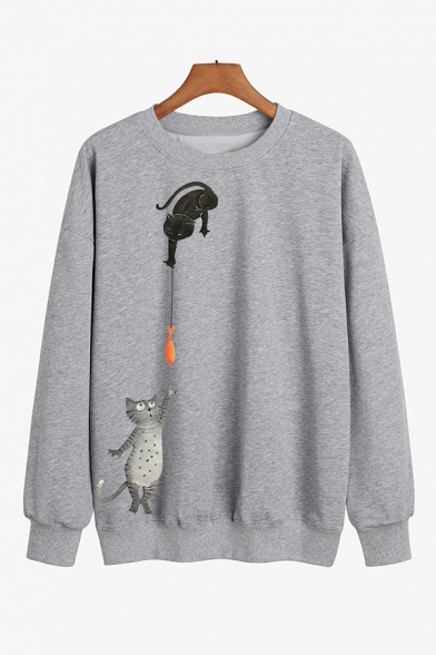 Chic Sweatshirt Cat Fish Pattern Relaxed Fitted Long Sleeve Sweatshirt for Women