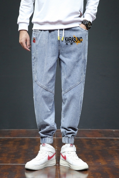Cool Mens Jeans Footprinted Letter Drawstring Pocket Full Length Slim Fitted Cropped Pattern Jeans