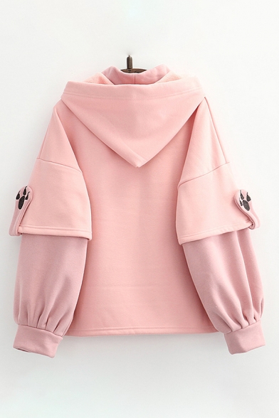 Cute Hoodie Cat Japanese Letter Pattern Drawstring Faux Twinset Regular Fitted Long Sleeve Hooded Sweatshirt for Women