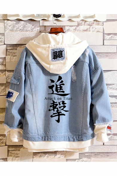 Dressy Mens Denim Jacket Cartoon Letter Printed Raw Edge Button up Long Sleeve Fitted Hooded Denim Jacket in Blue