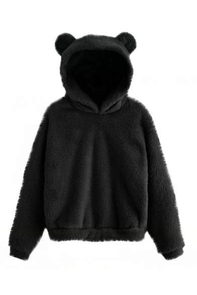 Dressy Womens Solid Color Bear Ears Woolen Long Sleeve Pullover Regular Fitted Woolen Hooded Sweatshirt