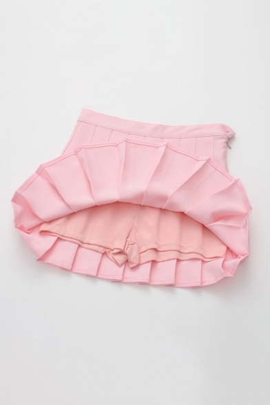 Rabbit Heart Embroidered Contrast Braid Mini Pleated Skirt