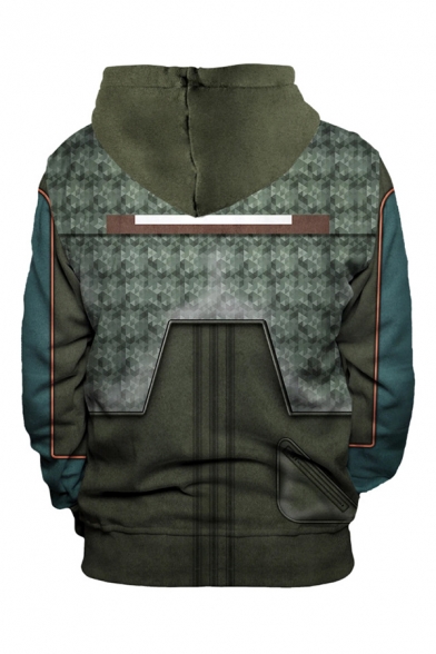 Stylish Mens Army Green 3D Hooded Sweatshirt Mosaic Pattern Long Sleeve Pocket Drawstring Pullover Regular Fit Hooded Sweatshirt