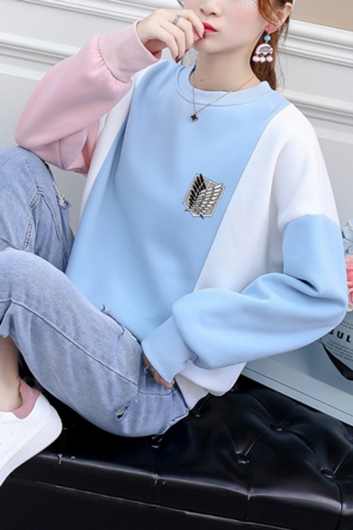 

Womens Casual Sweatshirt Colorblock Wing Printed Loose Fitted Long Sleeve Pullover Sweatshirt, Blue;pink, LC706045
