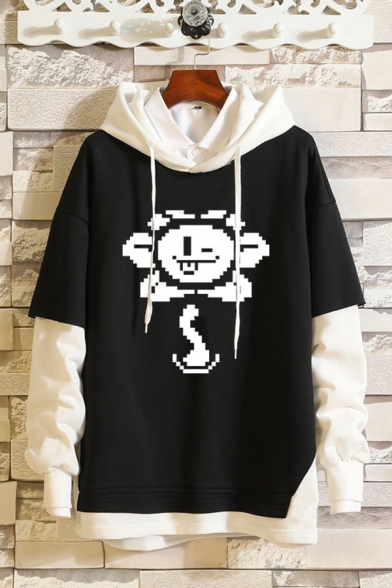 Casual Hoodie Heart Block Printed Drawstring Relaxed Fitted Long Sleeve Hooded Sweatshirt for Men