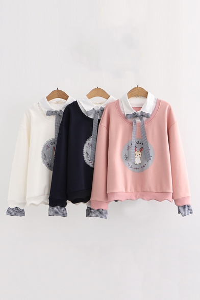 Chic Sweatshirt Rabbit Letter Printed Bow Faux Twinset Fitted Long Sleeve Graphic Sweatshirt for Women
