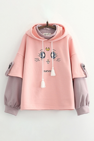 Elegant Womens Cartoon Face Letter Pattern Long Sleeve Drawstring Pullover Relax Fake Two Piece Hoodie