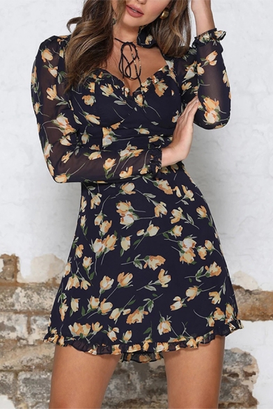 Ladies Elegant Floral Print Tied Stand Collar Cutout Front Long Sleeve Stringy Selvedge Detail Black Mini Dress
