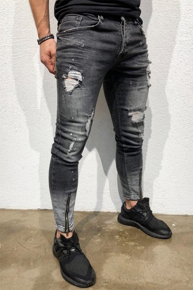 Men's Hot Fashion Cool Pleated Patched Zippered Cuff Black Skinny Ripped Biker Jeans