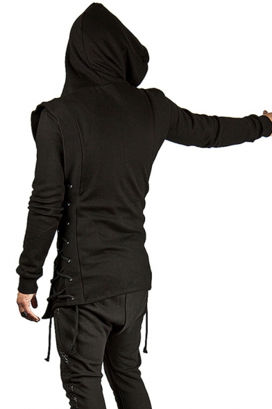 Mens Trendy Hooded Sweatshirt Plain Zipped Drawstring Lace up Asymmetrical Hem Slim Fitted Long Sleeve Hoodie