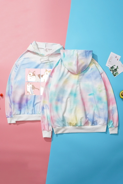 Stylish Hoodie Tie Dye Cat Printed Long Sleeves Drawstring Relaxed Fitted Hooded Sweatshirt for Women