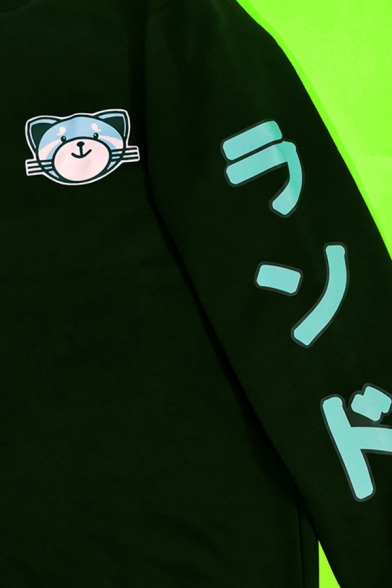 Stylish Sweatshirt Bear Japanese Letter Pattern Regular Fitted Long Sleeve Sweatshirt for Women