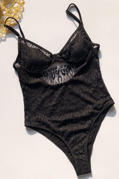 Black Sexy Sleeveless V-Neck Leopard Print Sheer Lace Slim Fit Cami Bodysuit for Girls
