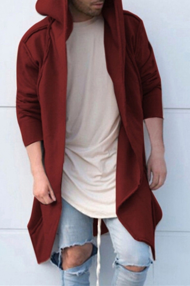 Casual Mens Jacket Solid Color Longline Long Sleeve Relax Fitted Hooded Jacket
