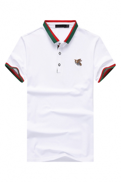Fancy Bee Embroidered Classic Striped Trim Short Sleeve Men Summer Cotton Fit Polo Shirt