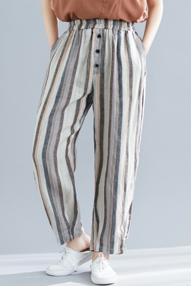 Retro Linen Elastic Waist Vertical Striped Printed Loose Fit Tapered Pants