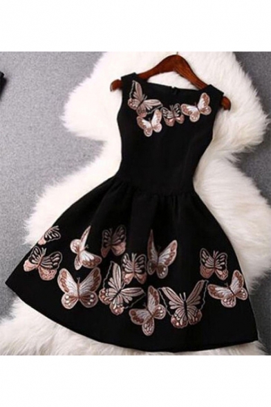 Chic Butterfly Print Round Neck Sleeveless Short Dress