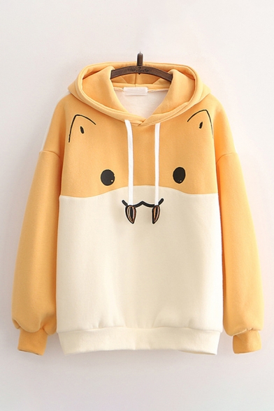 Fancy Ladys Colorblock Cartoon Mouse Pattern Long Sleeve Pullover Drawstring Regular Fitted Hoodie