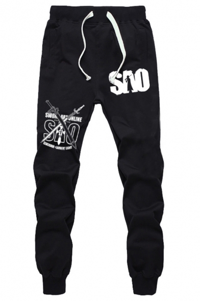 Men's Cool Pants Sword Letter Sao Printed Drawstring Waist Cuffed Ankle Length Tapered Joggers