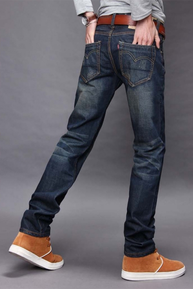 Men's New Fashion Vintage Washed Regular Fit Blue Casual Jeans