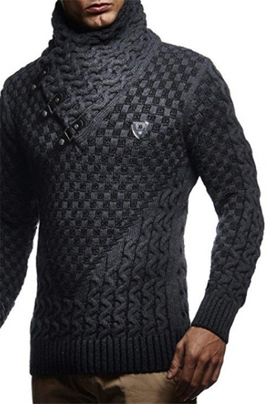 Mens Popular Shawl Collar Buckle Embellishment Solid Color Chunky Knit Pullover Sweater