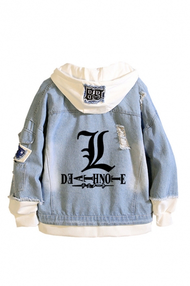 Streetwear Mens Denim Jacket Letter Deathnote Print Fake Two Pieces Ripped Bleach Long Sleeves Hooded Regular Fitted Graphic Denim Jacket in Blue