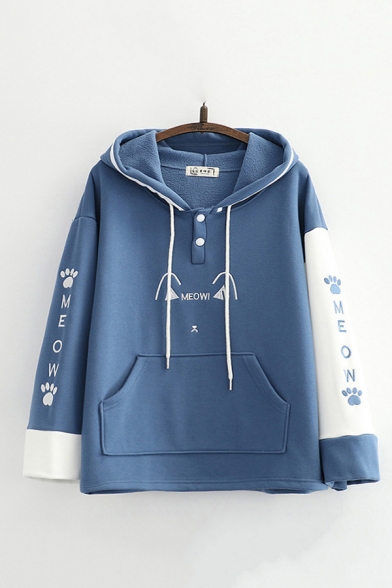 Trendy Sweatshirt Cat Ear Colorblock Letter Meow Printed Drawstring Button Fitted Long Sleeve Hoodie for Women