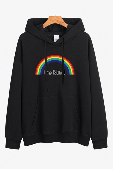 Womens Chic Hooded Sweatshirt Rainbow Letter Be Kind Printed Drawstring Loose Fitted Long Sleeve Hoodie