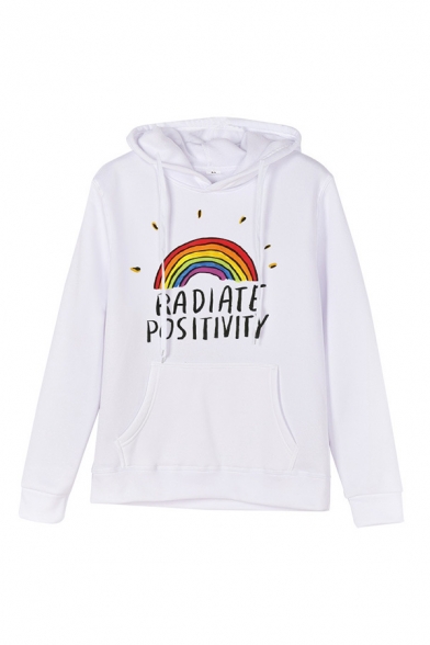 Womens Trendy Hooded Sweatshirt Rainbow Letter Radiate Positivity Printed Drawstring Fitted Long Sleeve Hoodie