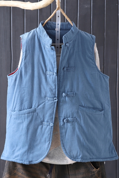 All-Match Women's Vest Solid Color Pockets Side Slits Stand Collar Button Closure Cotton Fluffs Vest