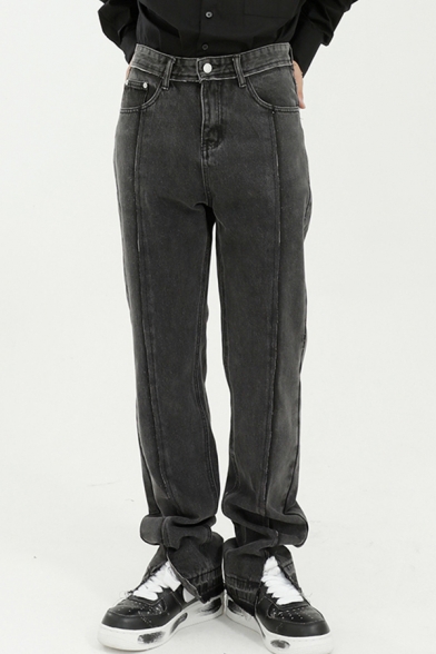 Basic Mens Jeans Dark Wash Split Frayed Hem Zipper Fly Ankle Length Regular Fit Tapered Jeans