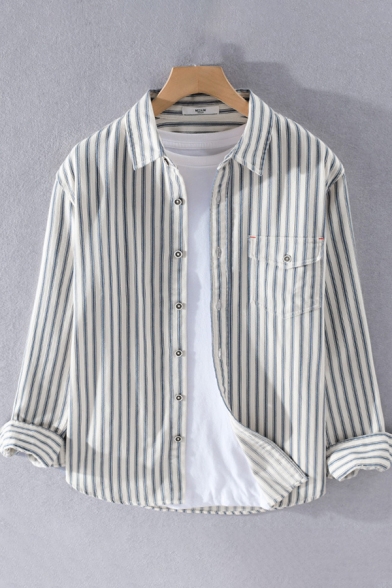 Basic Mens Shirt Stripe Pattern Chest Pocket Cotton Button down Long Sleeve Spread Collar Regular Fit Shirt
