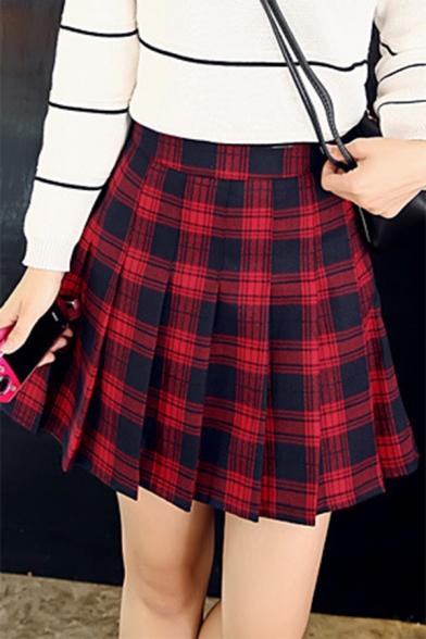 Cool Cute Female Plaid Print Buckle Belt Pleated High Waisted Red A-Line Short Skirt with Chain Bag