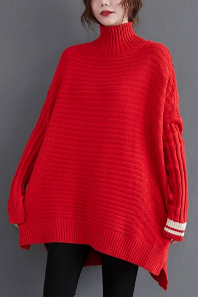 Elegant Sweater Solid Color Rib Knit Side Slit High Neck Long-sleeved Relaxed Fit Sweater for Women
