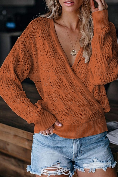 Elegant Women's Sweater Wrap Knit Solid Color Surplice Neckline Long-sleeved Fitted Sweater